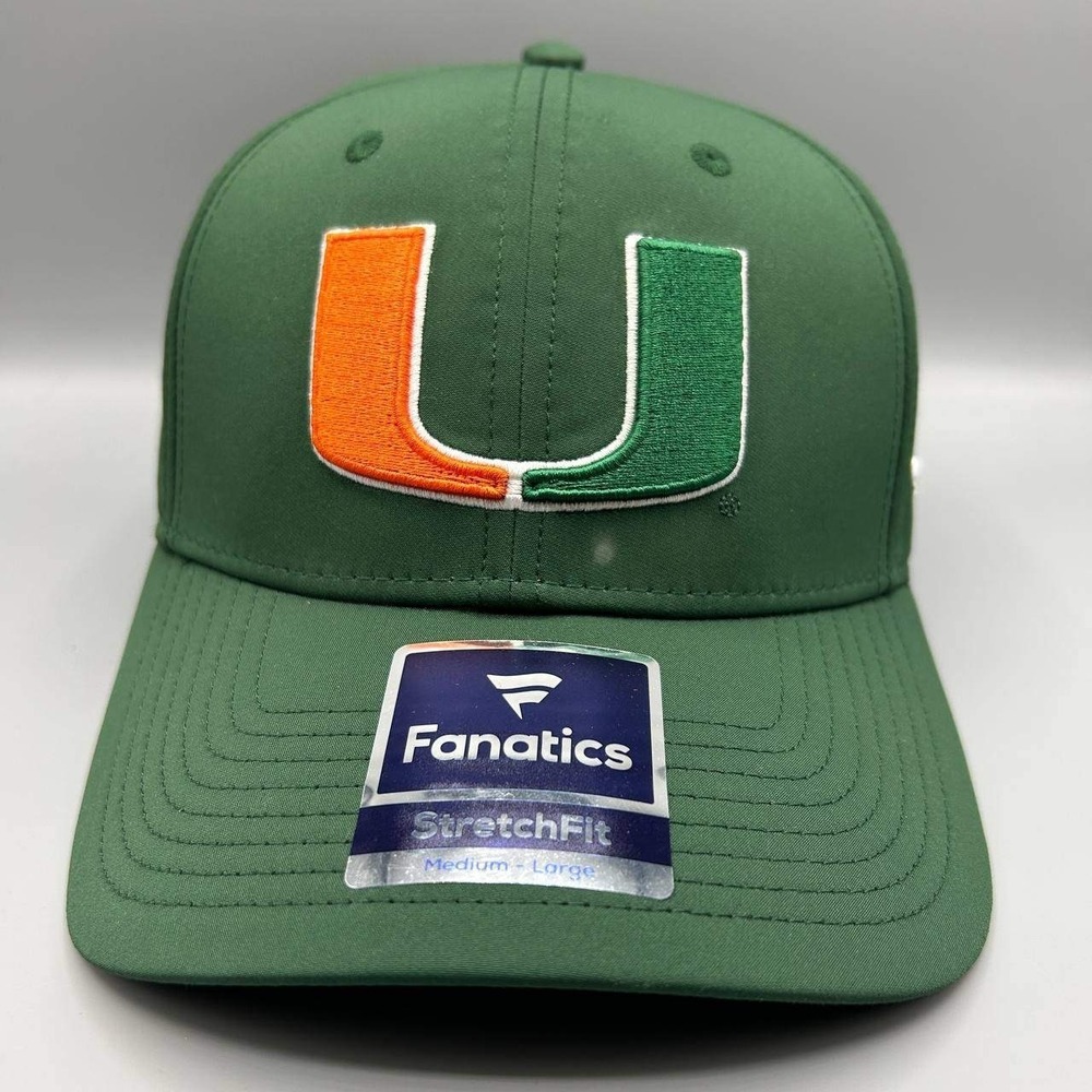 Miami Hurricanes Hat Men M-L Green Embroidered Fanatics Stretch Fitted Cap New